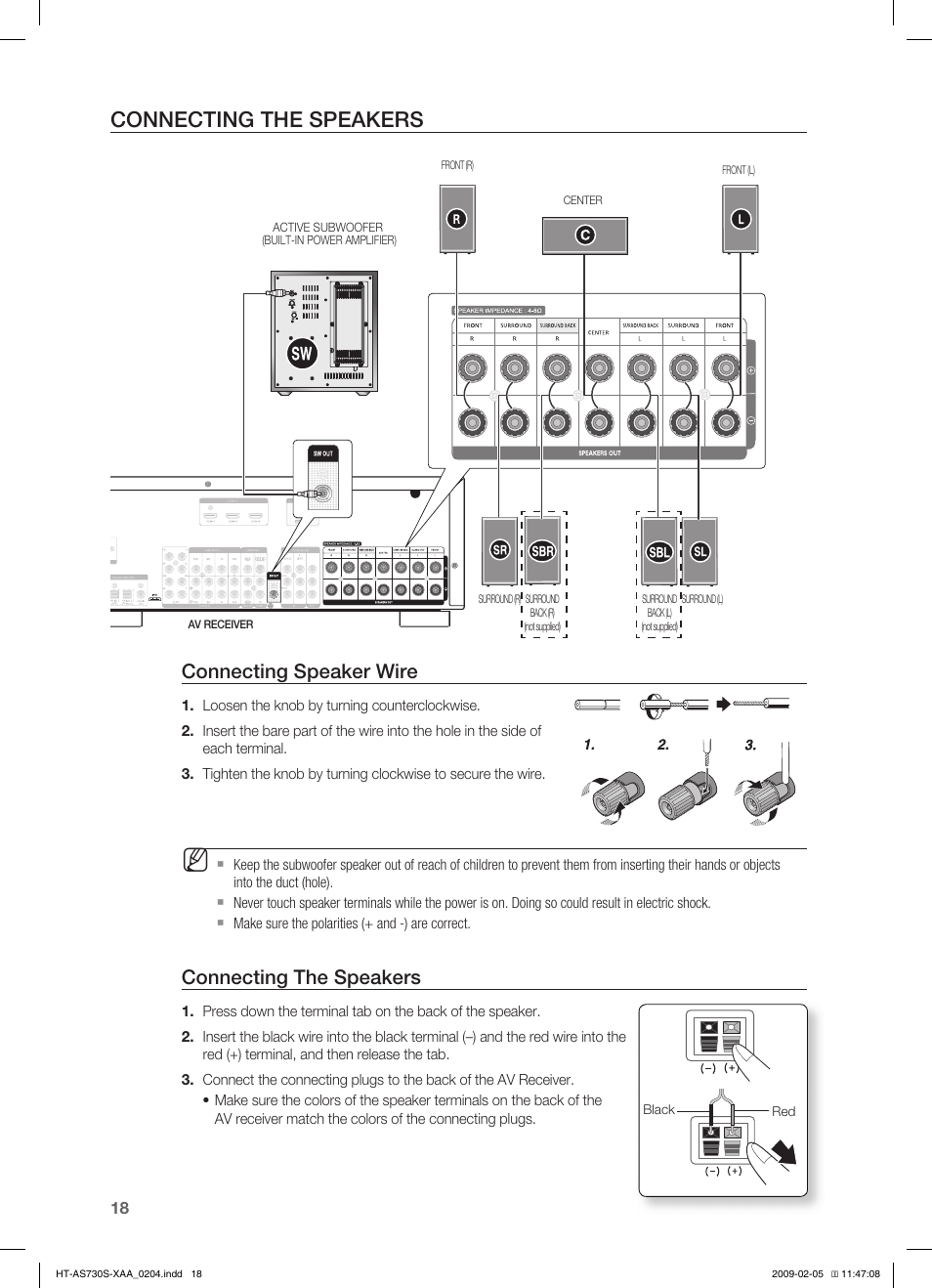 Connecting the speakers, Connecting the video out to your tv, Connecting speaker wire | Samsung HT-AS730S User Manual | Page 18 / 66