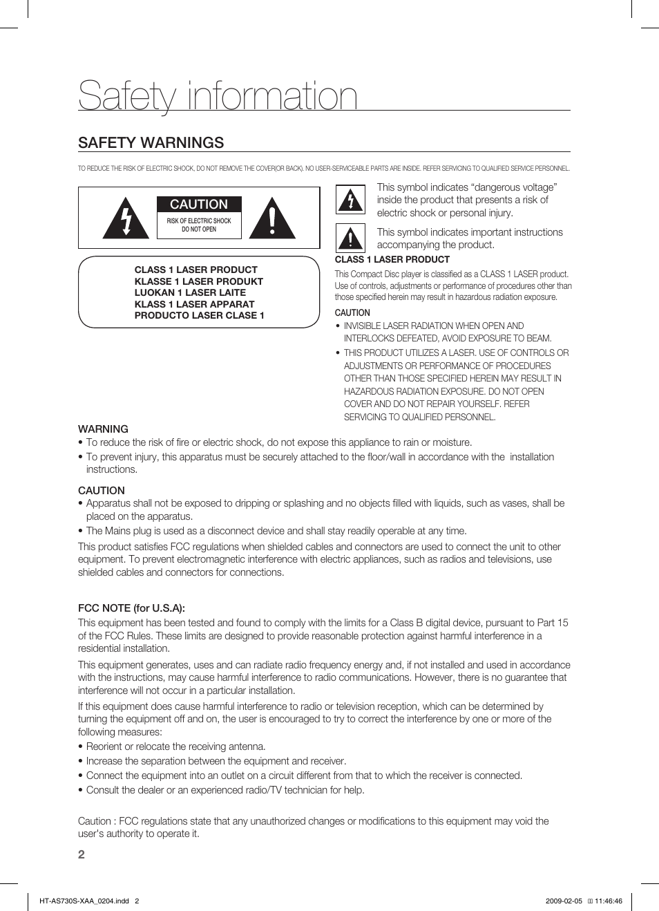 Safety information, Safety warnings | Samsung HT-AS730S User Manual | Page 2 / 66