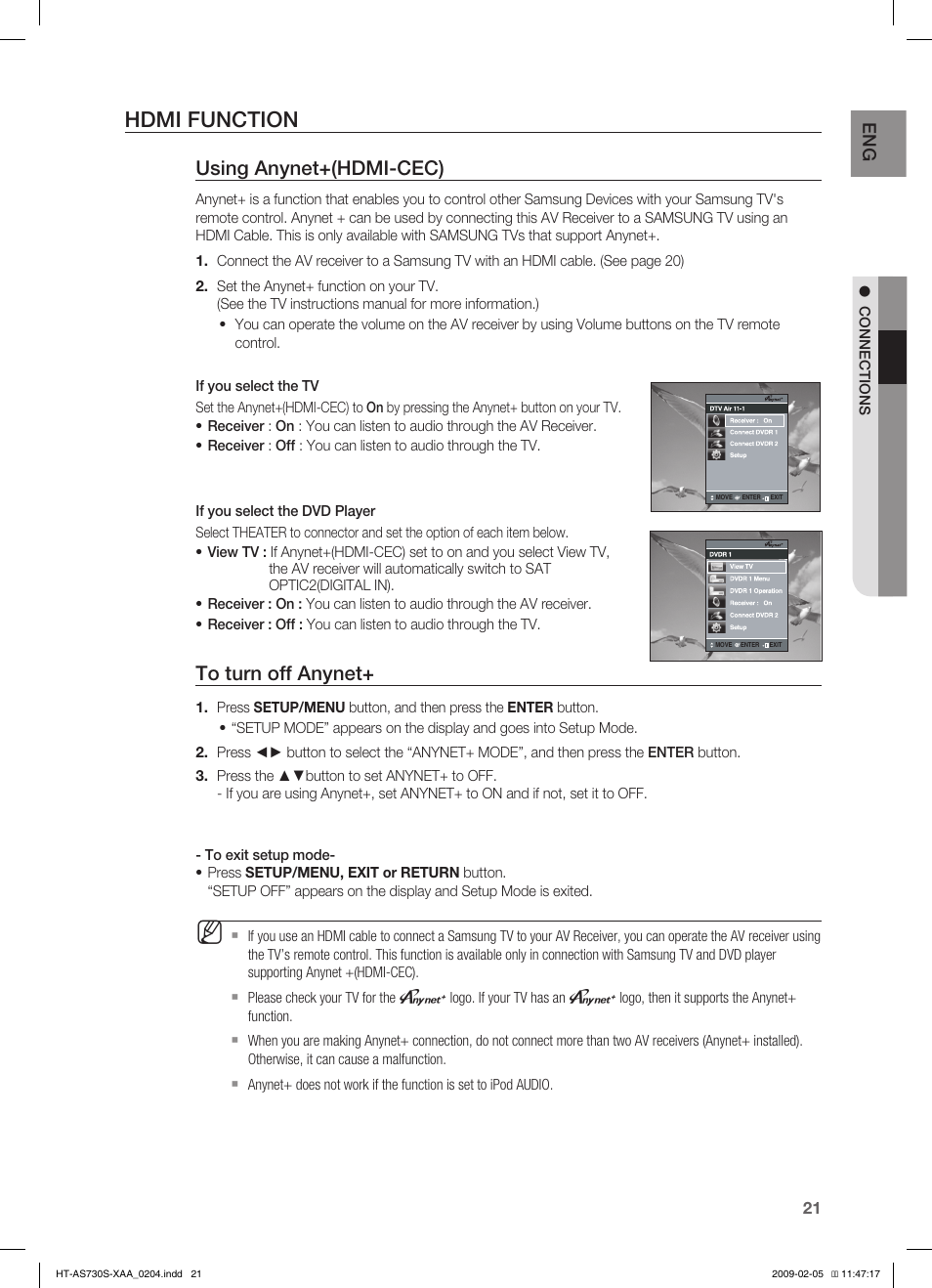 Hdmi function, Using anynet+(hdmi-cec), En g | Samsung HT-AS730S User Manual | Page 21 / 66