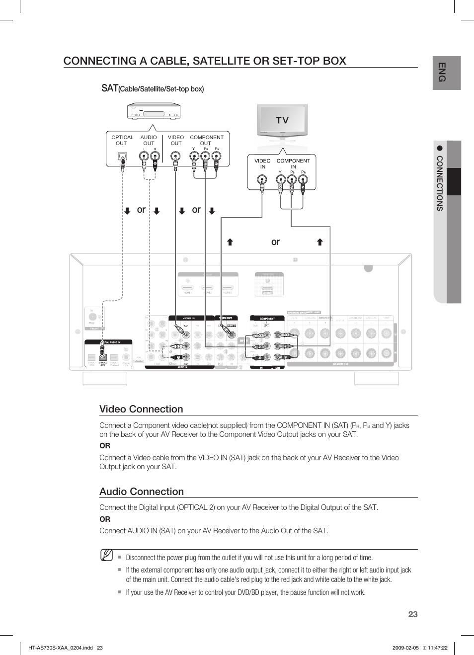 Connecting a cable, satellite or set-top box, Video connection, Audio connection | Samsung HT-AS730S User Manual | Page 23 / 66