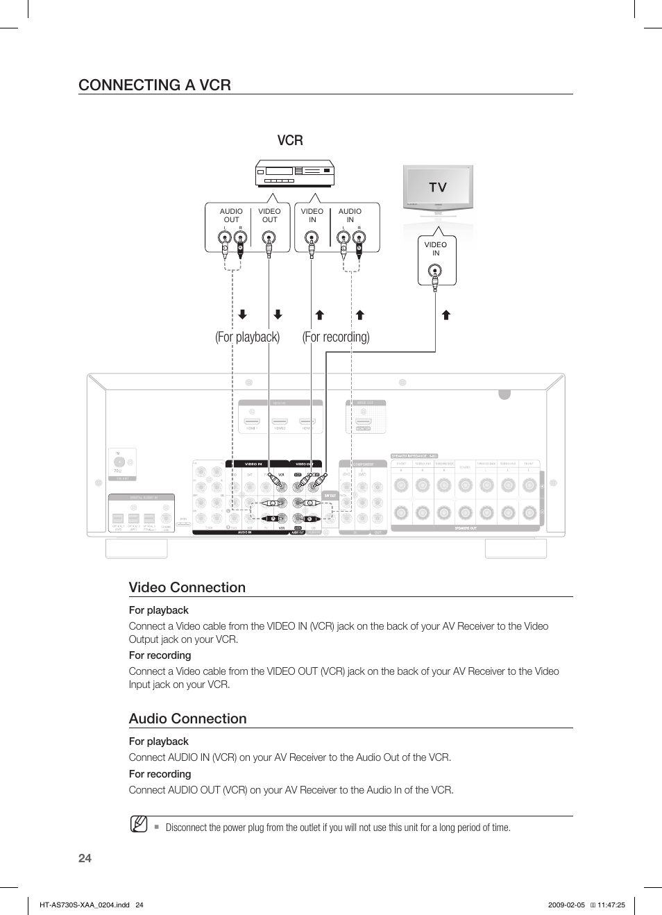 Connecting a vcr, Connecting a cd player, Video connection | Audio connection, Vcr (for playback) (for recording) | Samsung HT-AS730S User Manual | Page 24 / 66