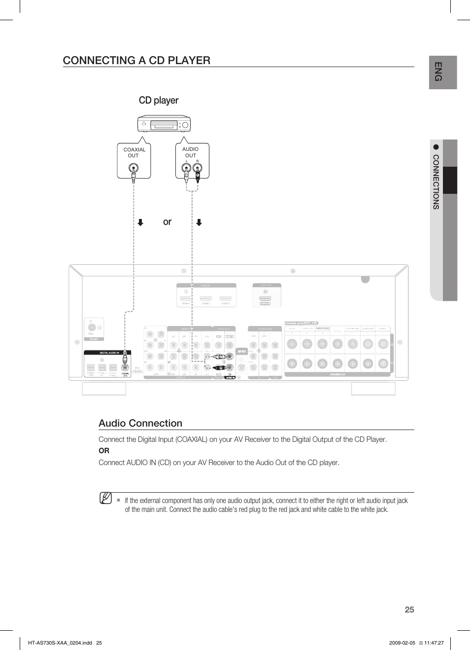 Connecting a cd player, Audio connection, Cd player | Samsung HT-AS730S User Manual | Page 25 / 66