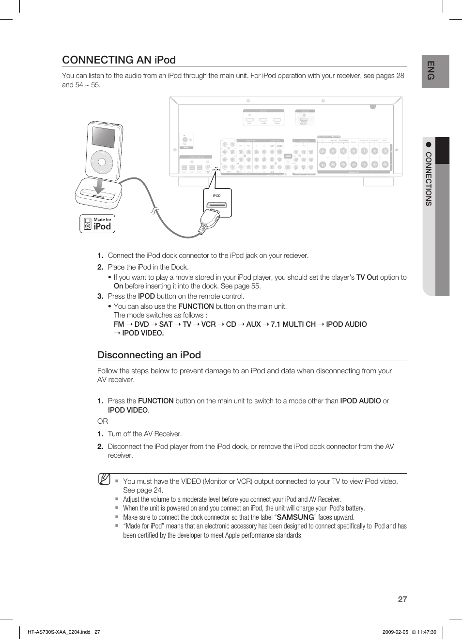 Connecting an ipod, Disconnecting an ipod | Samsung HT-AS730S User Manual | Page 27 / 66