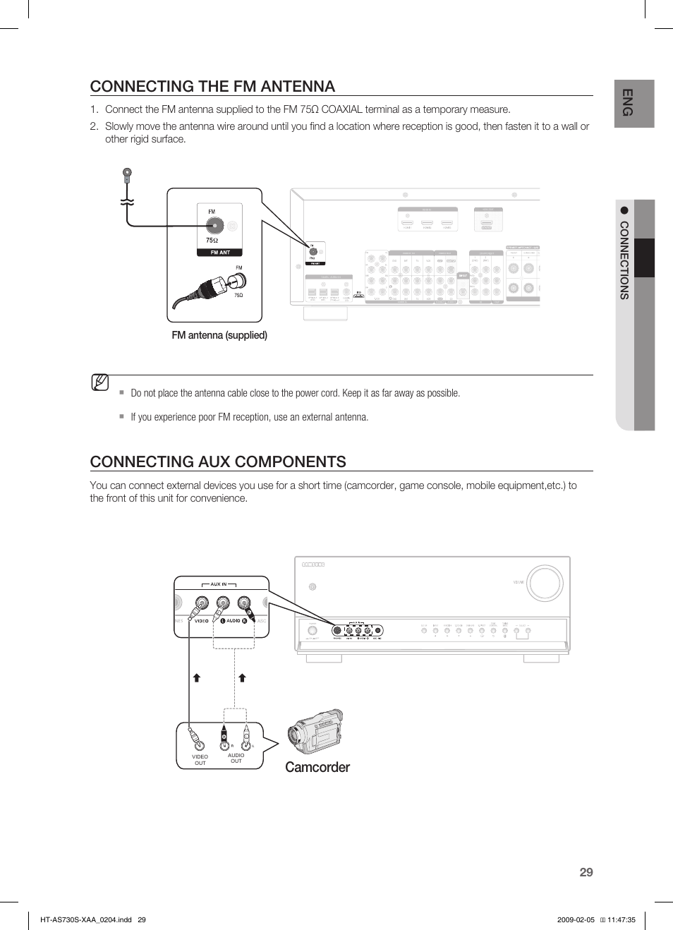 Connecting the fm antenna, Connecting aux components, Camcorder | Samsung HT-AS730S User Manual | Page 29 / 66