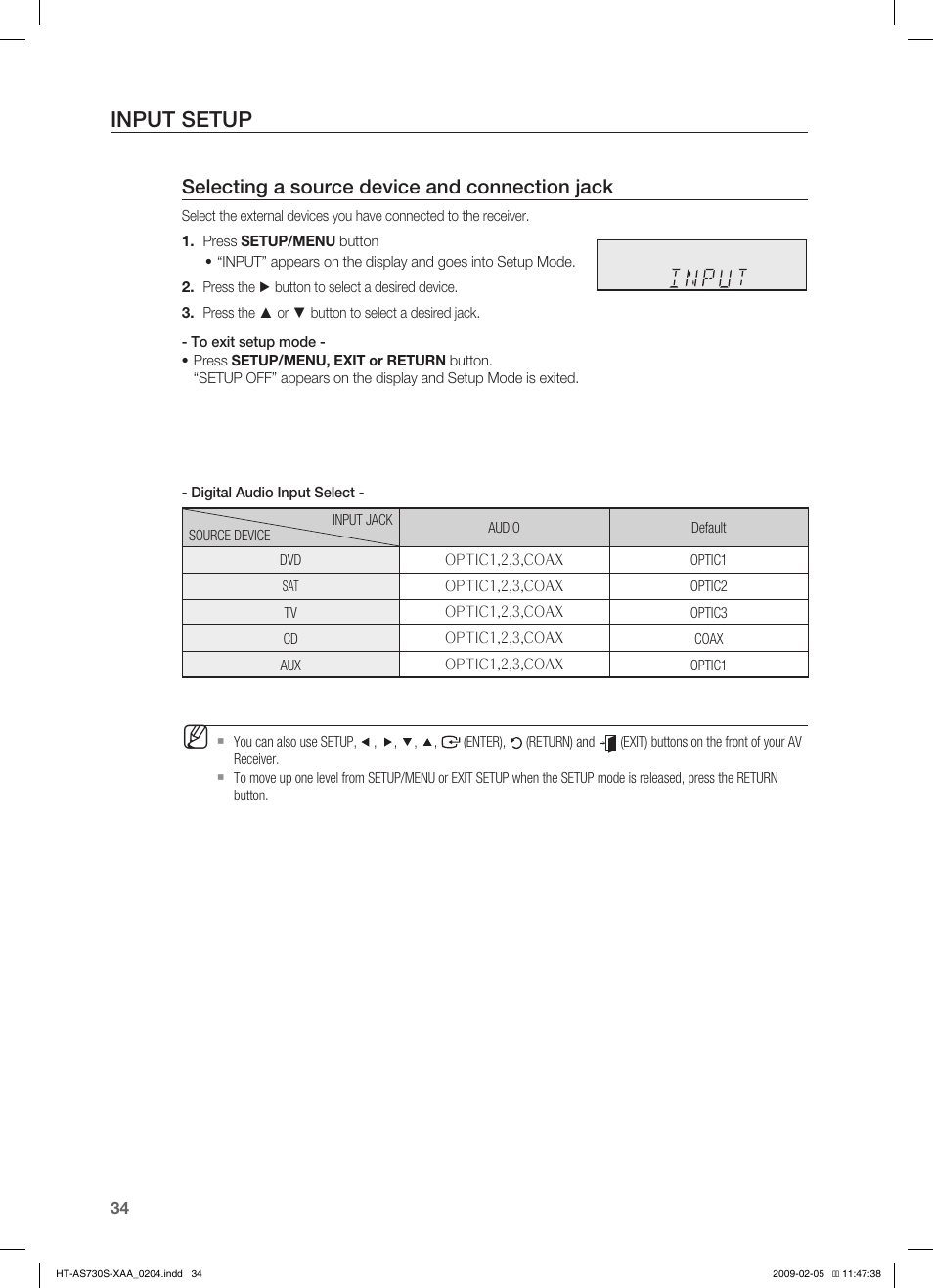 Inp ut set up, Speaker set up, Input setup | Selecting a source device and connection jack | Samsung HT-AS730S User Manual | Page 34 / 66