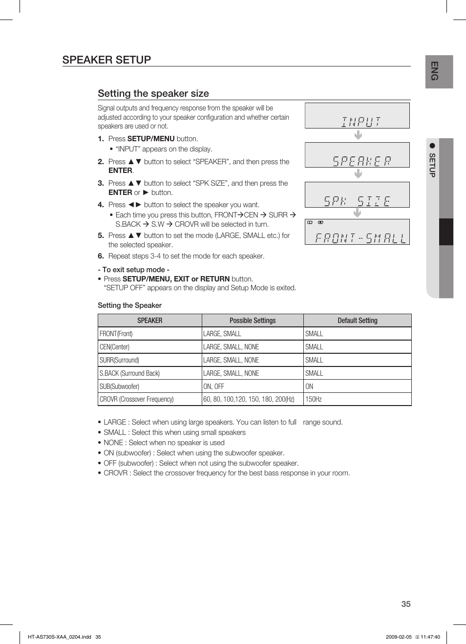 Speaker setup, Setting the speaker size | Samsung HT-AS730S User Manual | Page 35 / 66