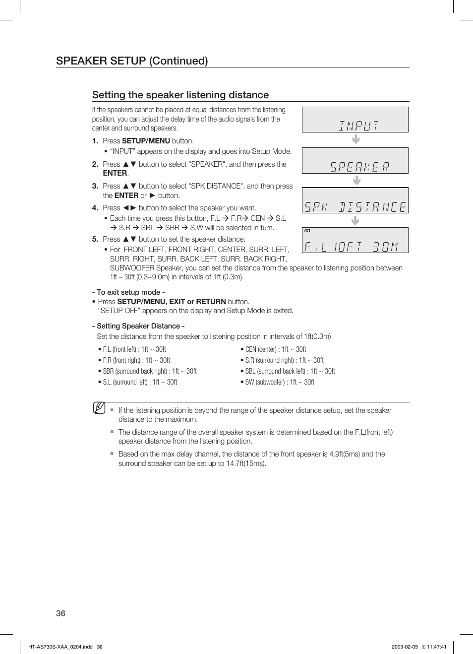 Speaker setup (continued), Setting the speaker listening distance | Samsung HT-AS730S User Manual | Page 36 / 66
