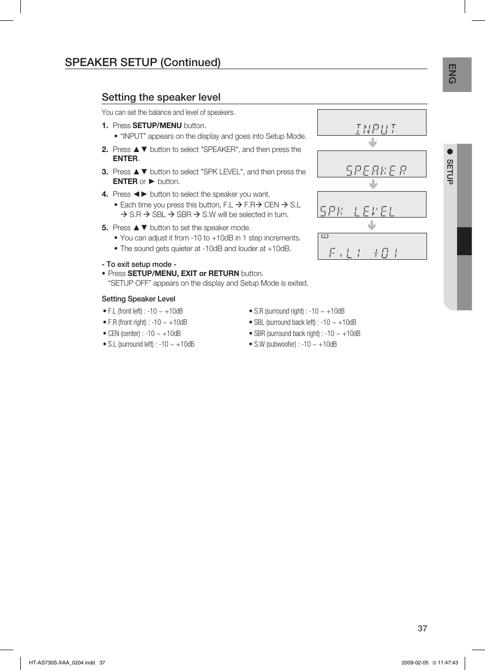 Speaker setup (continued), Setting the speaker level | Samsung HT-AS730S User Manual | Page 37 / 66