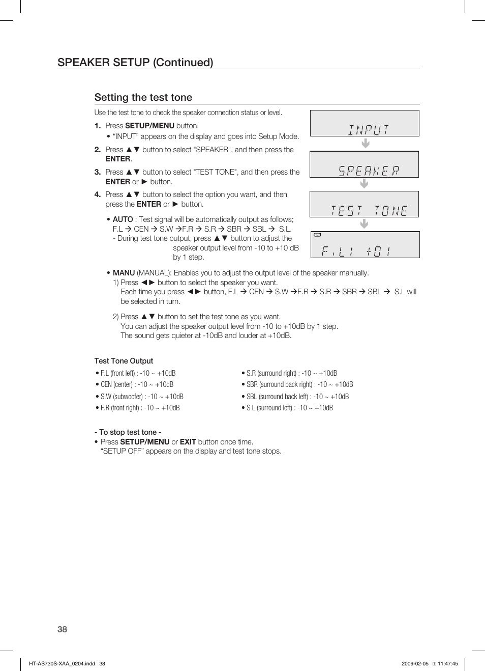 Surround set up, Speaker setup (continued), Setting the test tone | Samsung HT-AS730S User Manual | Page 38 / 66