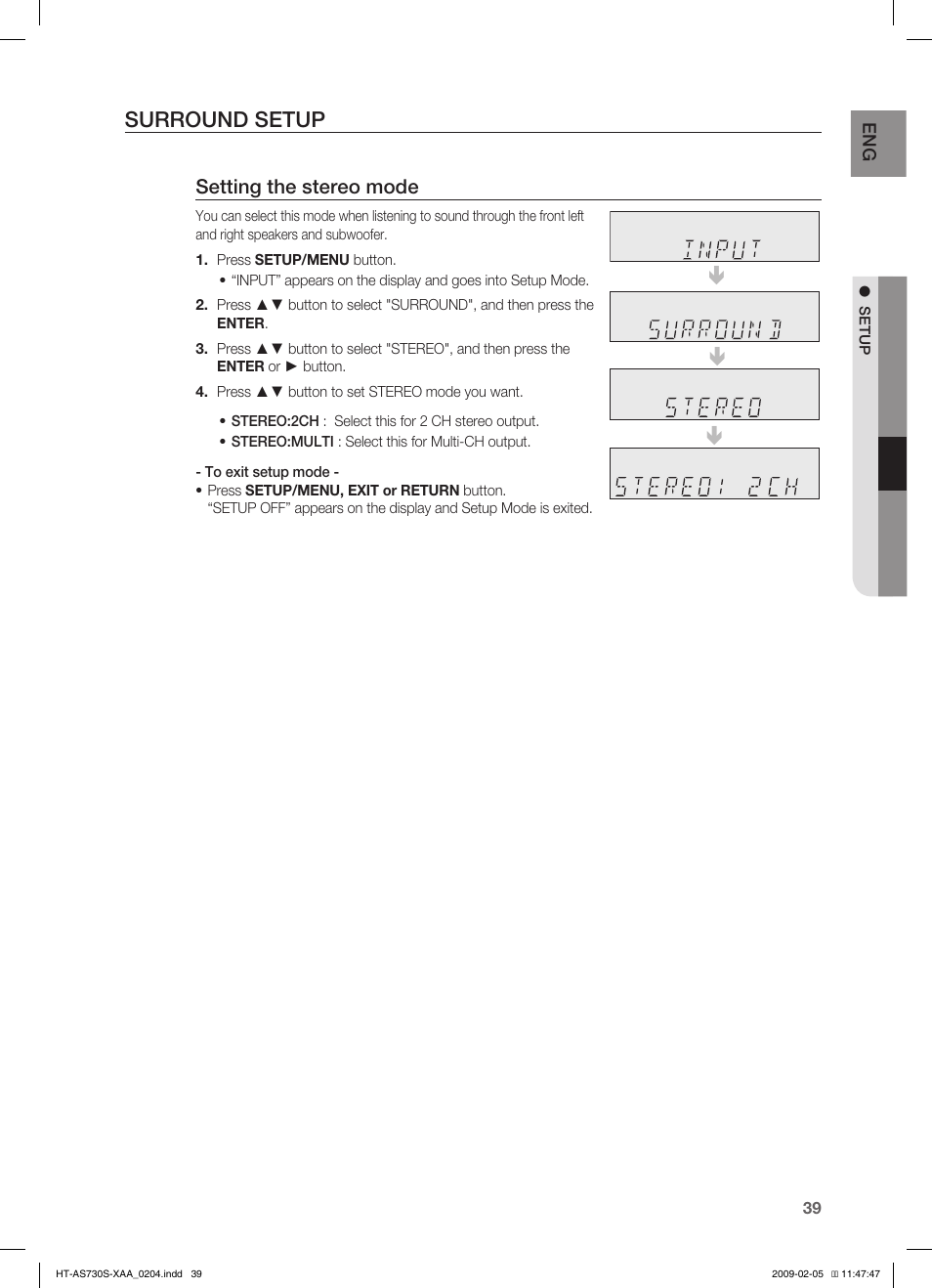 Surround setup, Setting the stereo mode | Samsung HT-AS730S User Manual | Page 39 / 66