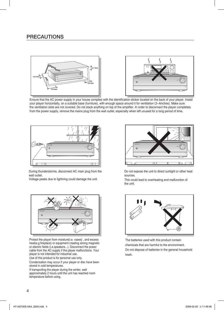 Precautions, Features | Samsung HT-AS730S User Manual | Page 4 / 66