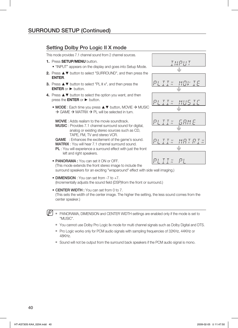 Surround setup (continued), Setting dolby pro logic ii x mode | Samsung HT-AS730S User Manual | Page 40 / 66