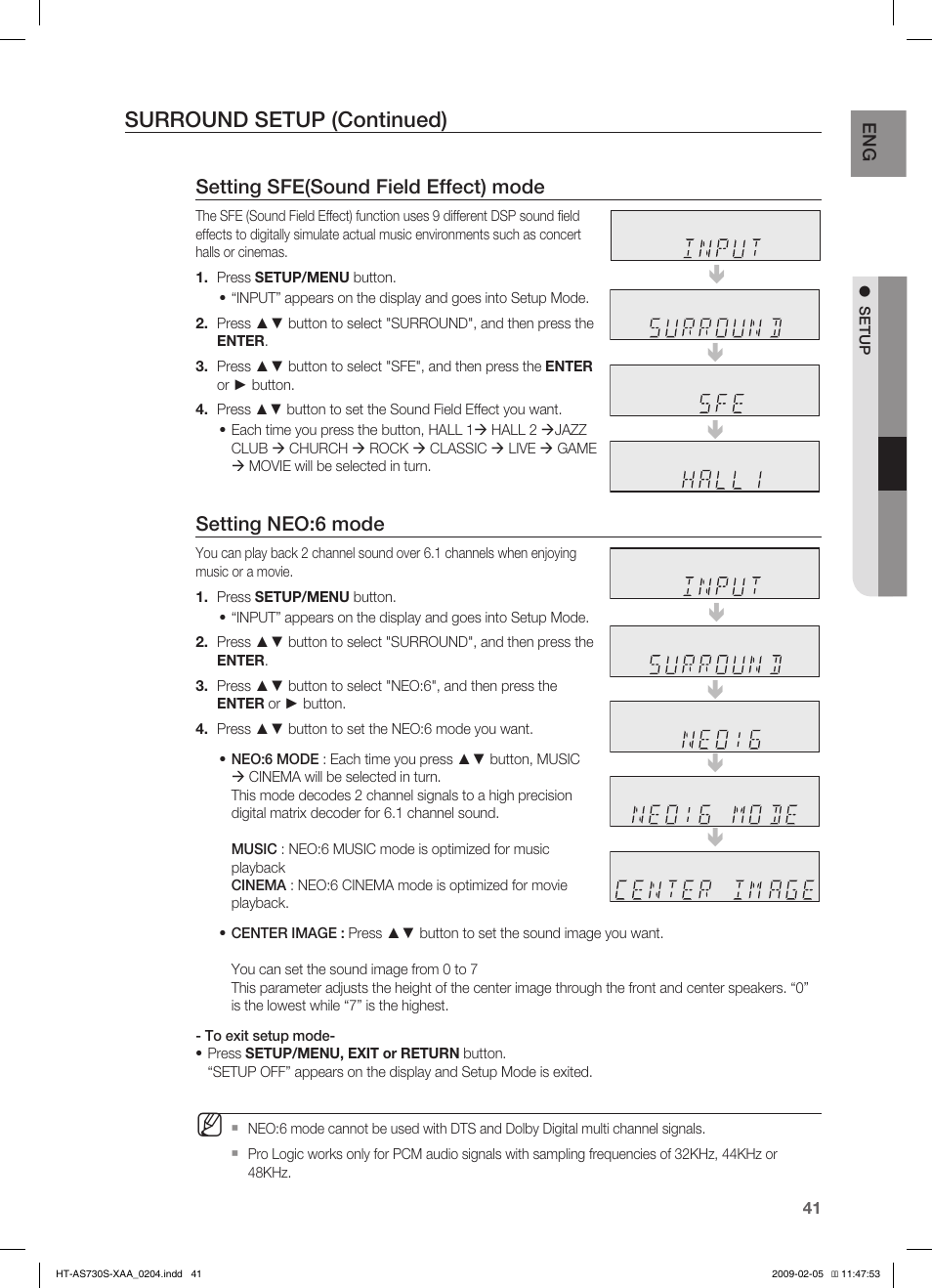 Surround setup (continued), Setting sfe(sound field effect) mode, Setting neo:6 mode | Samsung HT-AS730S User Manual | Page 41 / 66