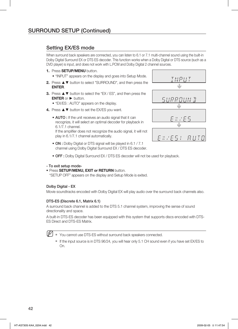 Surround setup (continued), Setting ex/es mode | Samsung HT-AS730S User Manual | Page 42 / 66