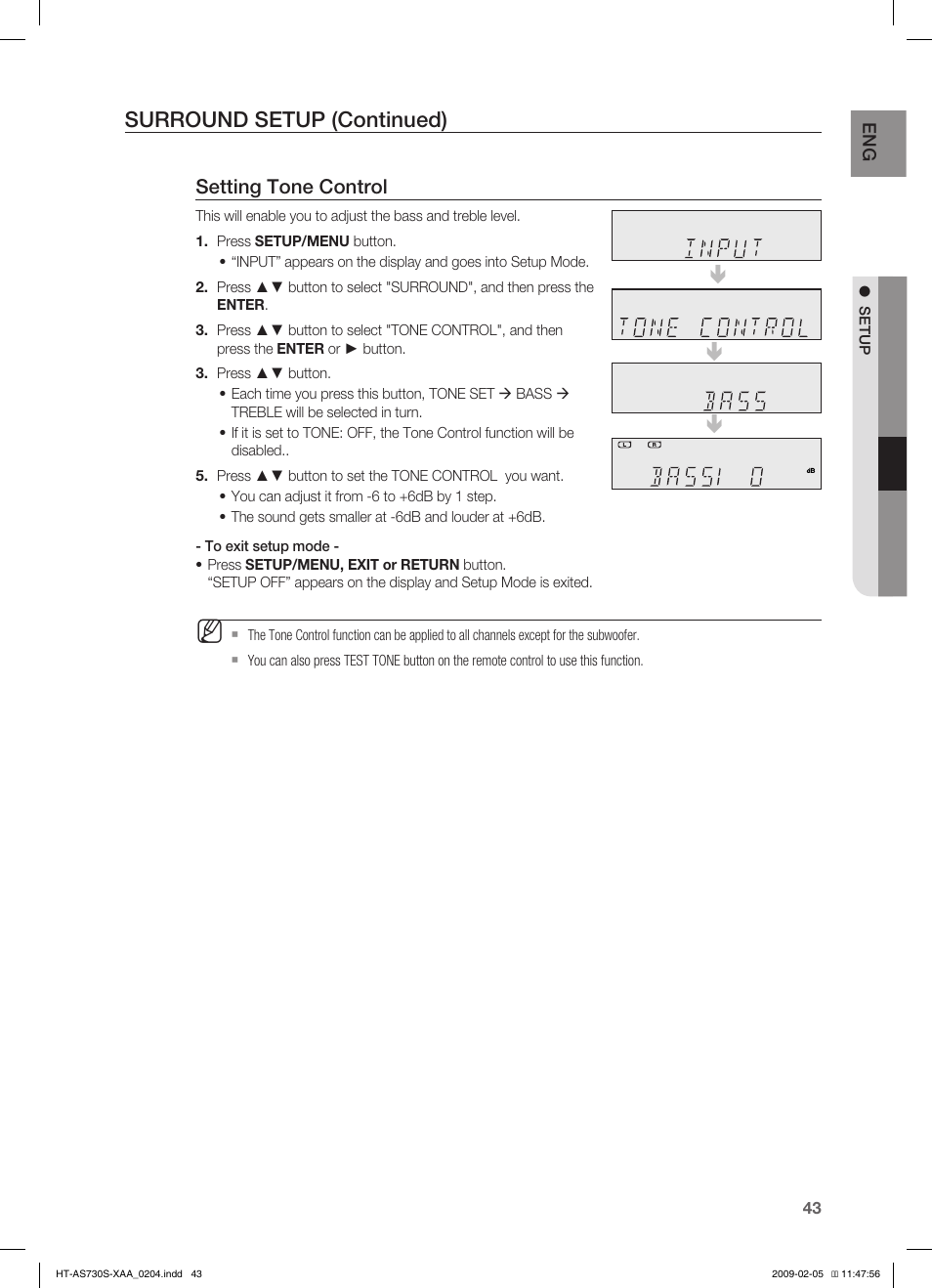 Surround setup (continued), Setting tone control | Samsung HT-AS730S User Manual | Page 43 / 66