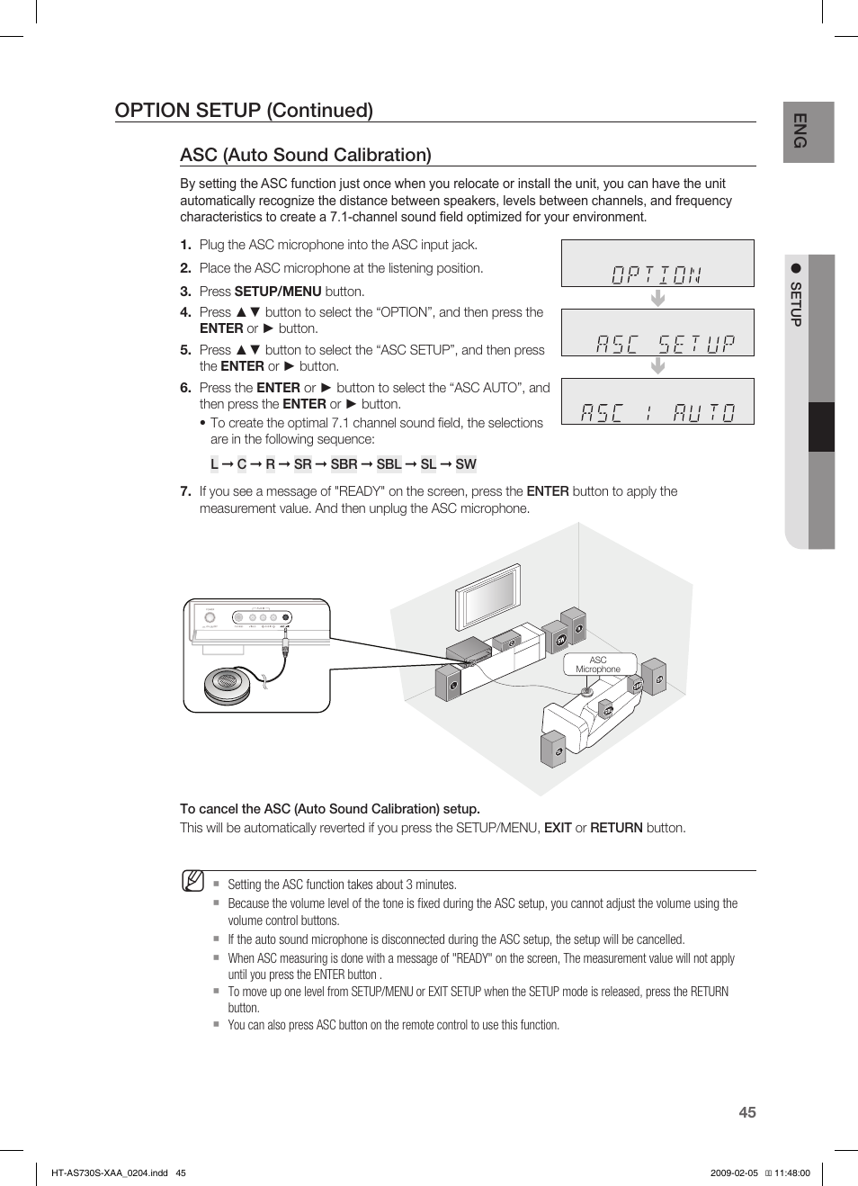 Option setup (continued), Asc (auto sound calibration) | Samsung HT-AS730S User Manual | Page 45 / 66