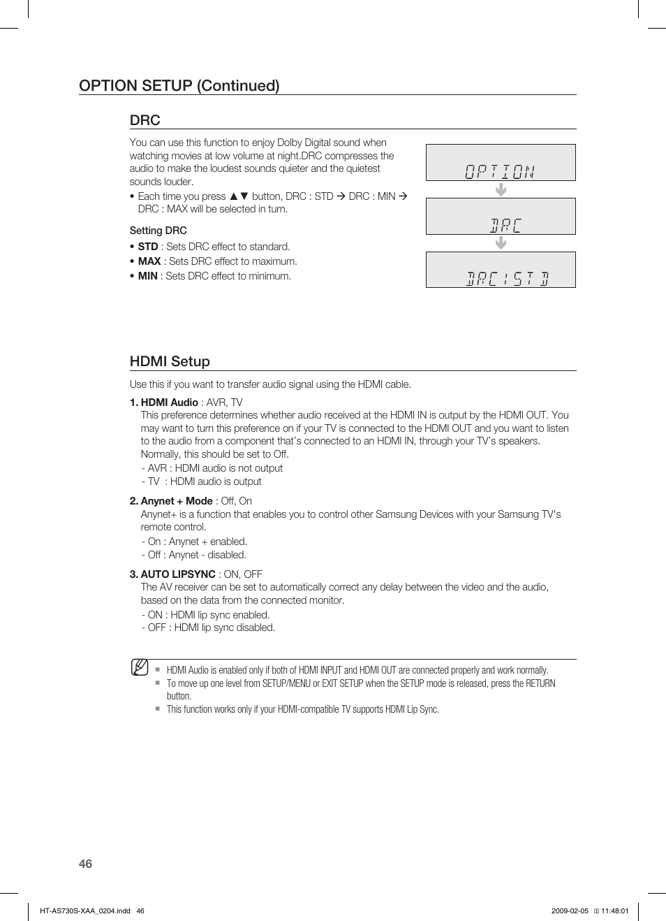 Operation, Option setup (continued), Hdmi setup | Samsung HT-AS730S User Manual | Page 46 / 66