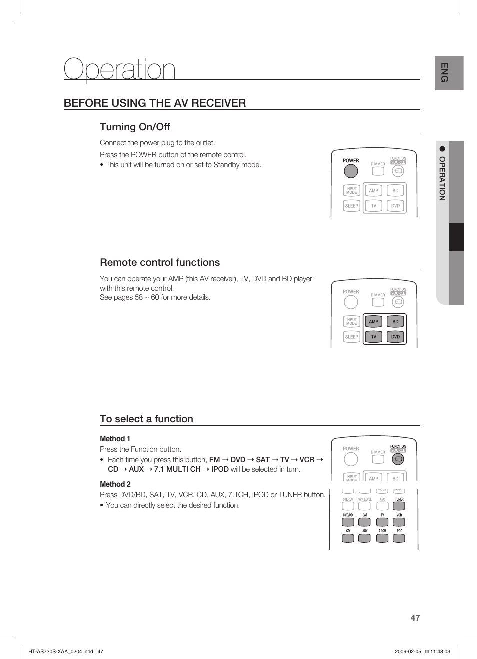 Operation, Before using the av receiver | Samsung HT-AS730S User Manual | Page 47 / 66