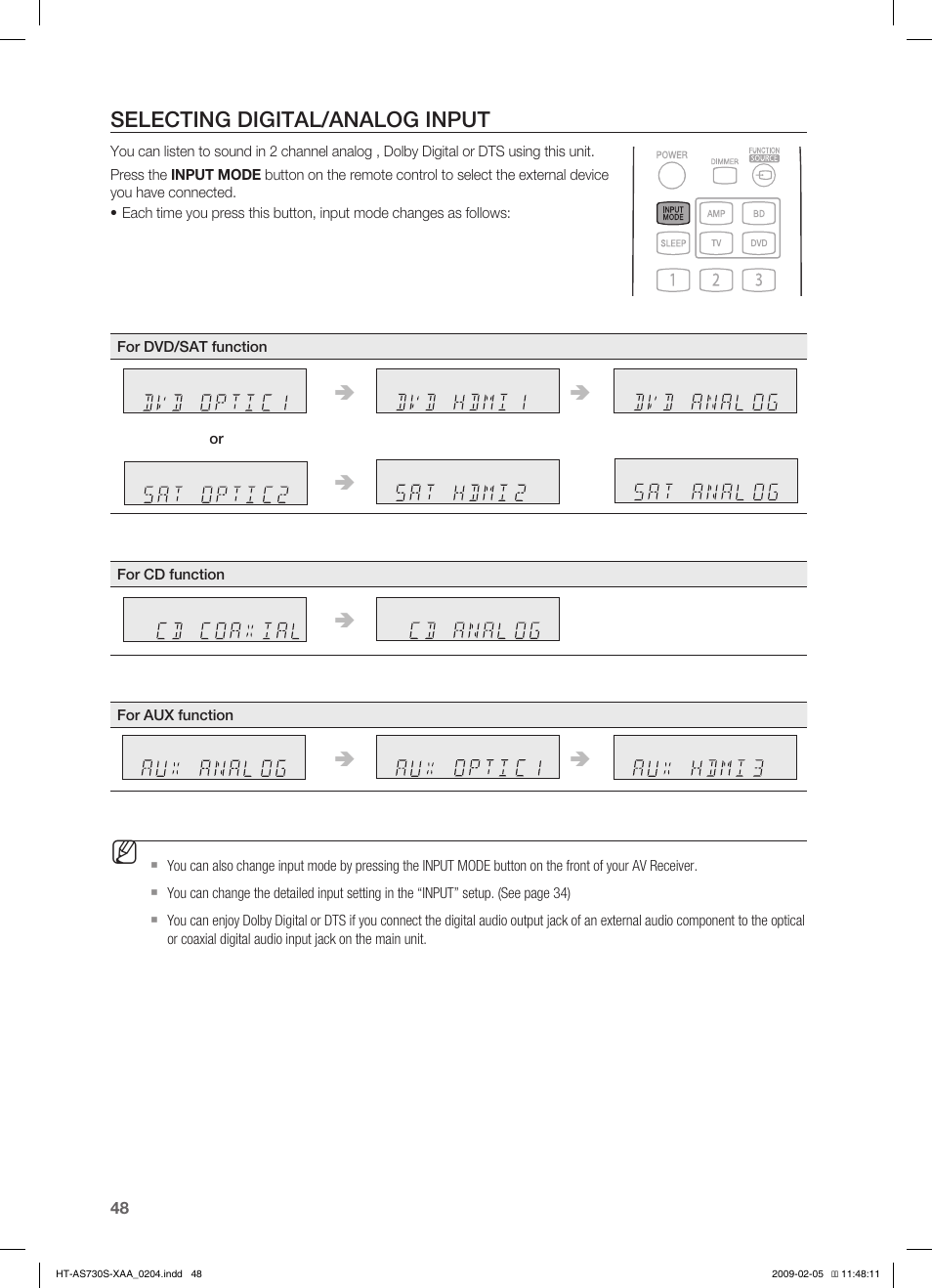 Selecting digital/analo g input, Using the surr ound mod es, Selecting digital/analog input | Samsung HT-AS730S User Manual | Page 48 / 66