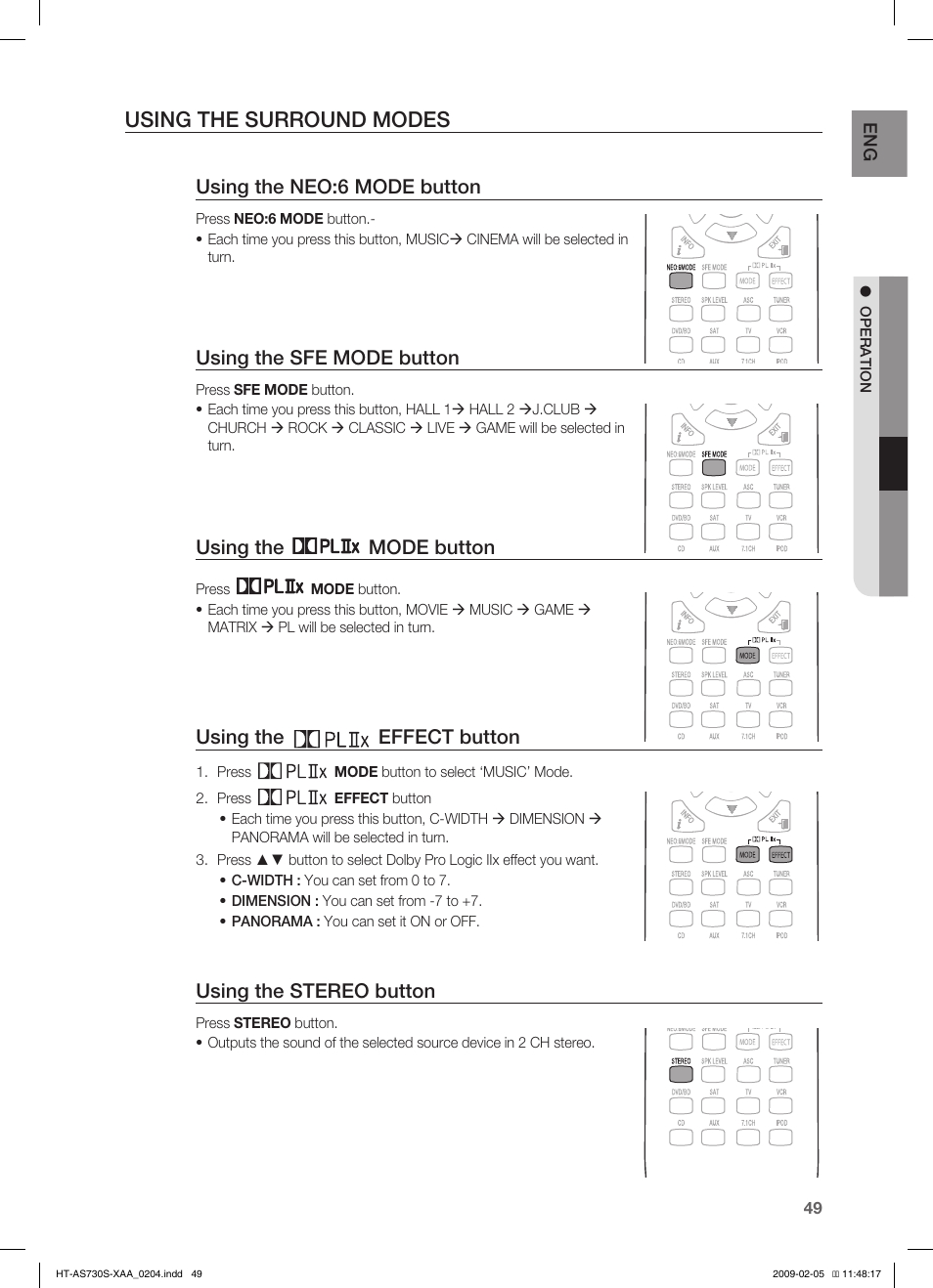 Using the surround modes, Using the neo:6 mode button, Using the sfe mode button | Using the mode button, Using the effect button, Using the stereo button | Samsung HT-AS730S User Manual | Page 49 / 66