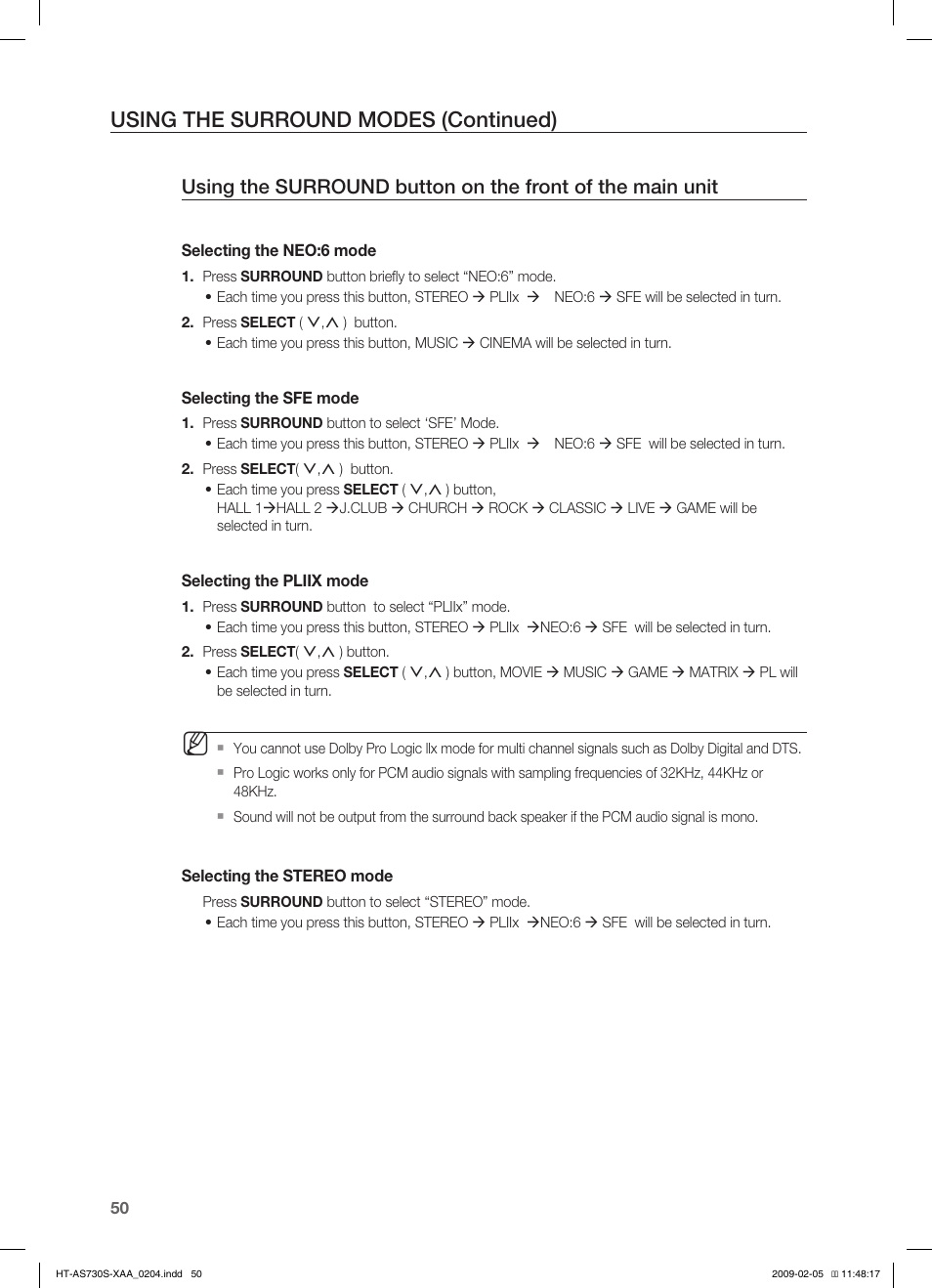 Using the surround modes (continued) | Samsung HT-AS730S User Manual | Page 50 / 66