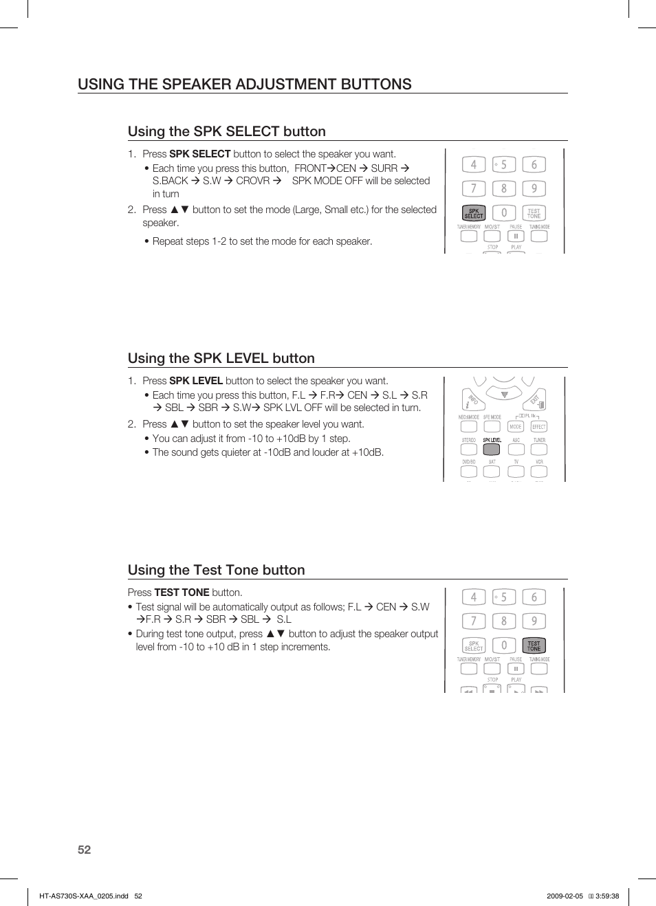 Using the speaker adjustment buttons, Listening to the radio, Using the spk select button | Using the spk level button, Using the test tone button | Samsung HT-AS730S User Manual | Page 52 / 66