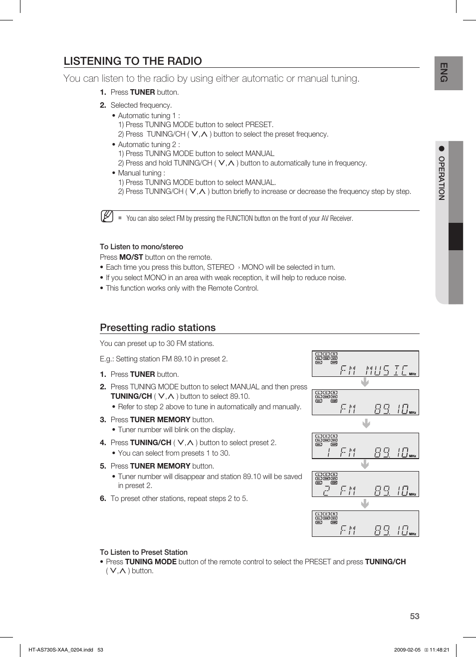 Listening to the radio, Presetting radio stations | Samsung HT-AS730S User Manual | Page 53 / 66