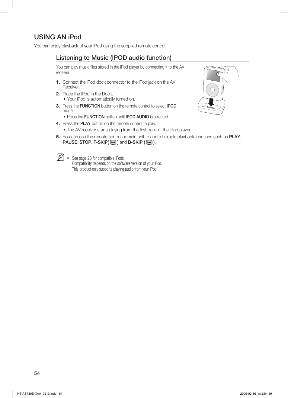 Using an ipod, Listening to music (ipod audio function) | Samsung HT-AS730S User Manual | Page 54 / 66