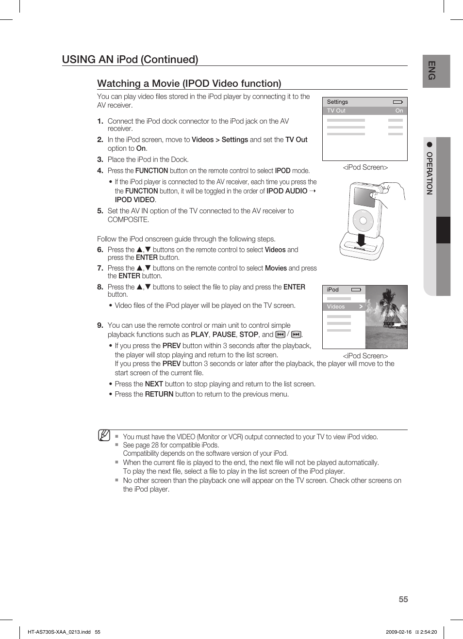 Using an ipod (continued), Watching a movie (ipod video function) | Samsung HT-AS730S User Manual | Page 55 / 66