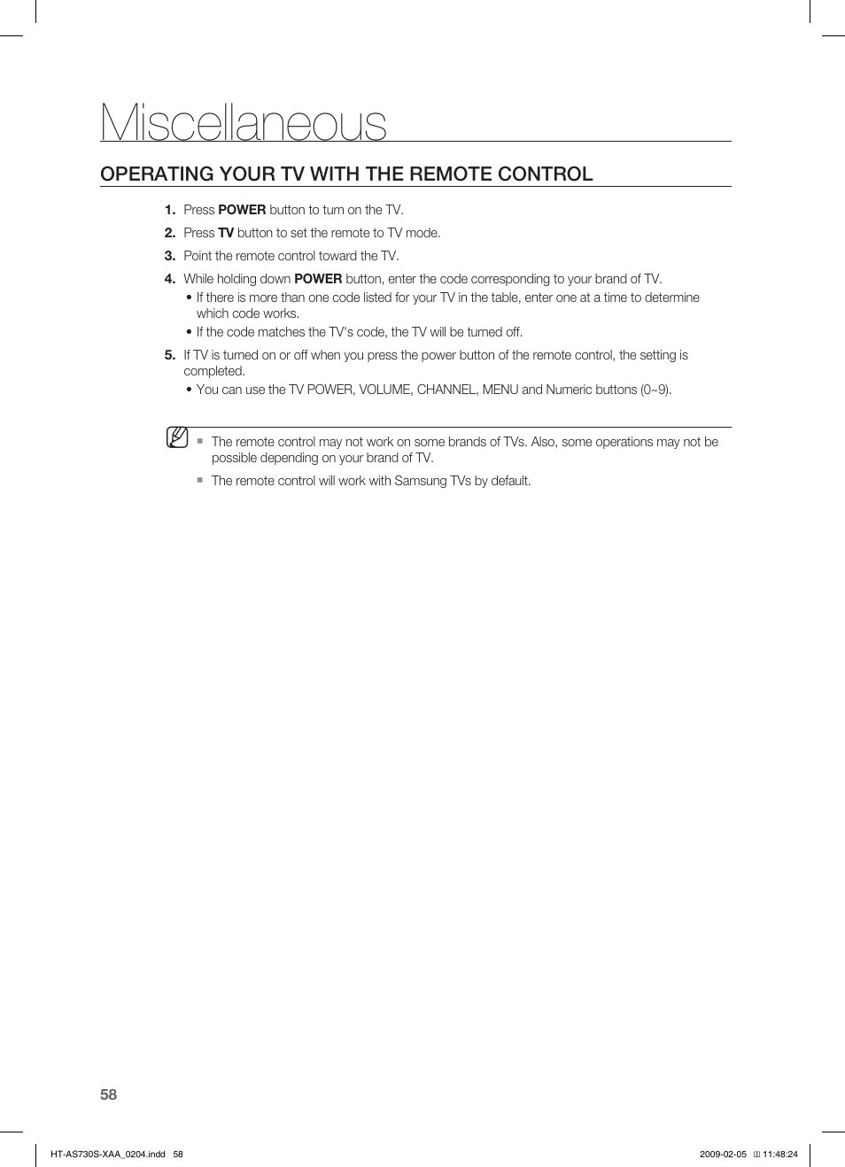 Miscellaneous, Operating you r tv with the remote co ntrol, Operating your tv with the remote control | Samsung HT-AS730S User Manual | Page 58 / 66