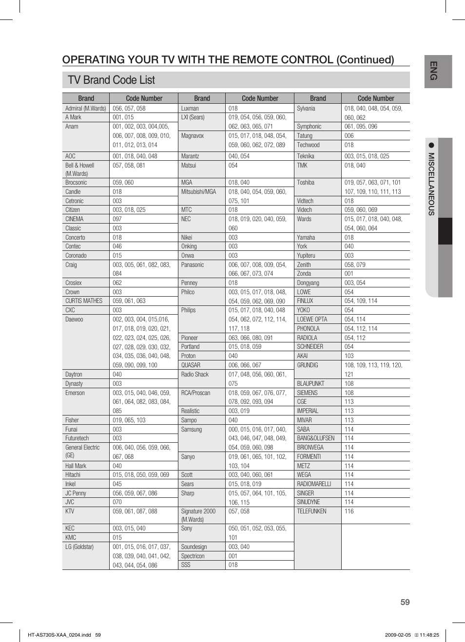 Tv brand code list, En g | Samsung HT-AS730S User Manual | Page 59 / 66