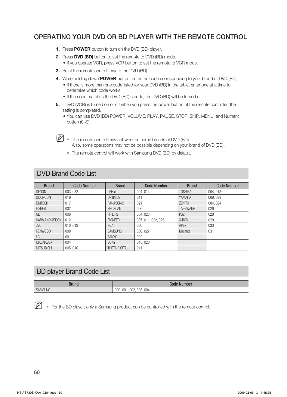 Troubleshooting, Bd player brand code list, Dvd brand code list | Samsung HT-AS730S User Manual | Page 60 / 66