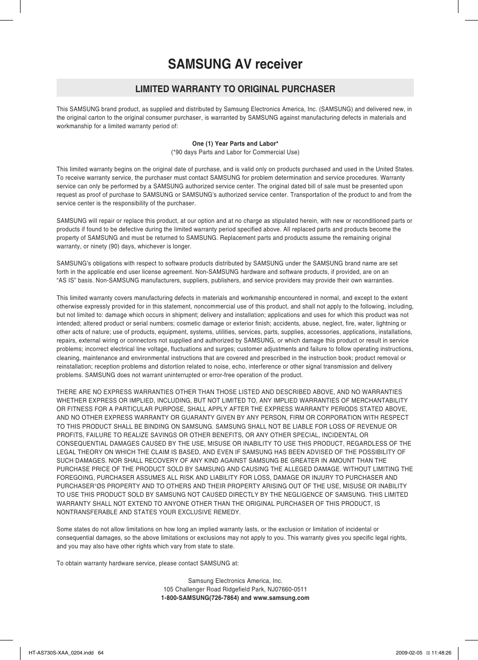 Samsung av receiver, Limited warranty to original purchaser | Samsung HT-AS730S User Manual | Page 64 / 66