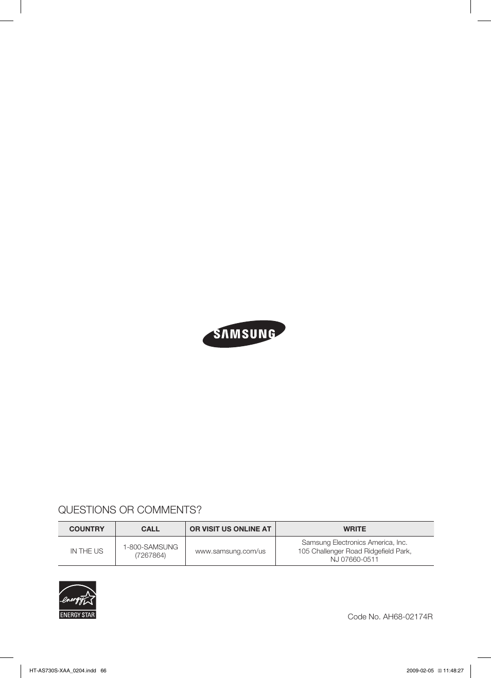 Questions or comments | Samsung HT-AS730S User Manual | Page 66 / 66