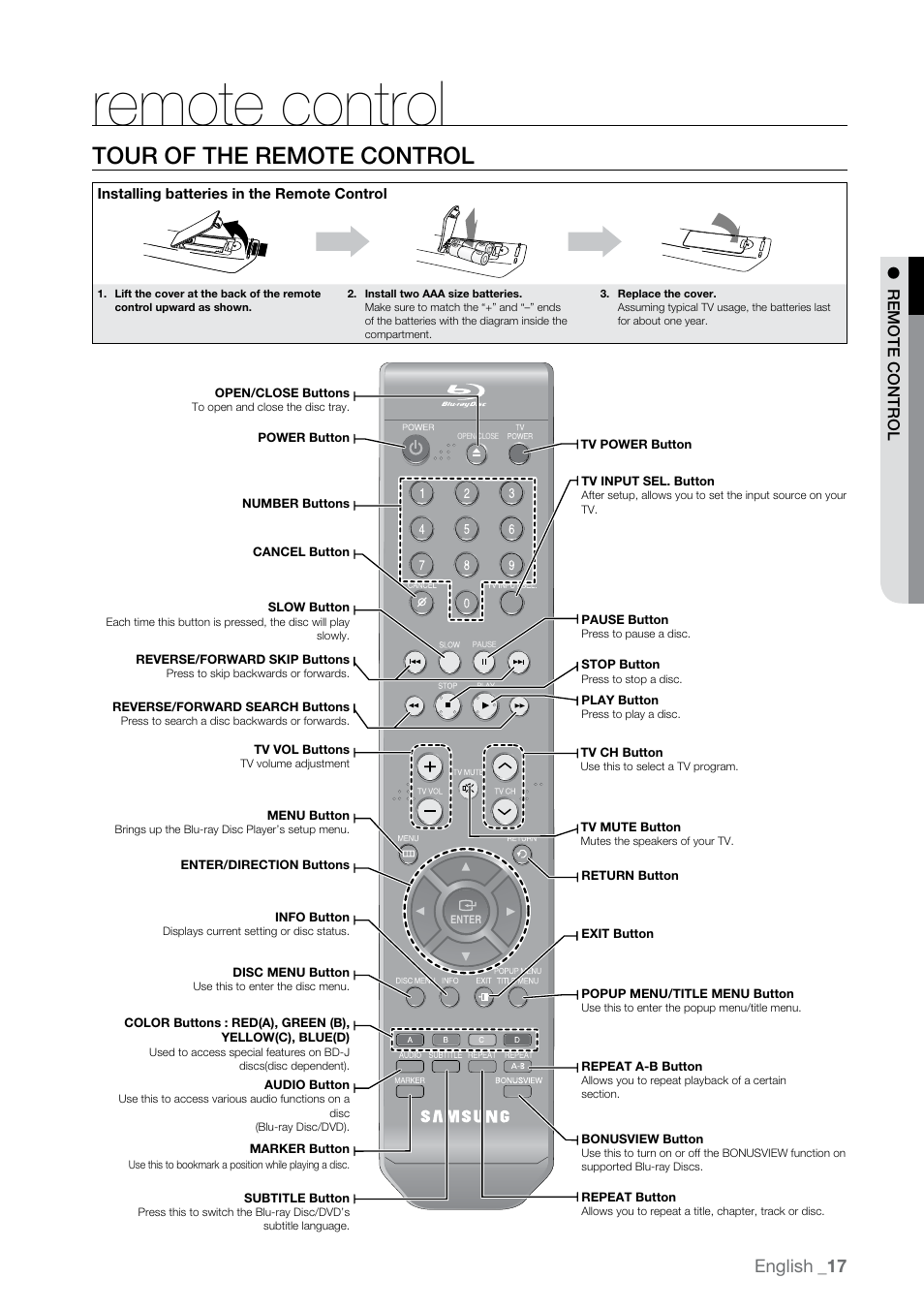 Remote control, Tour of the remote control, English | Samsung BD-P2550 User Manual | Page 17 / 75