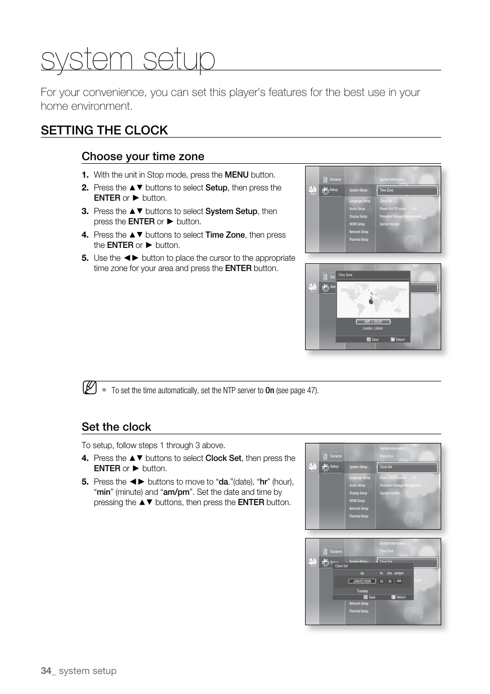 System setup, Setting the clock, Choose your time zone | Set the clock | Samsung BD-P2550 User Manual | Page 34 / 75