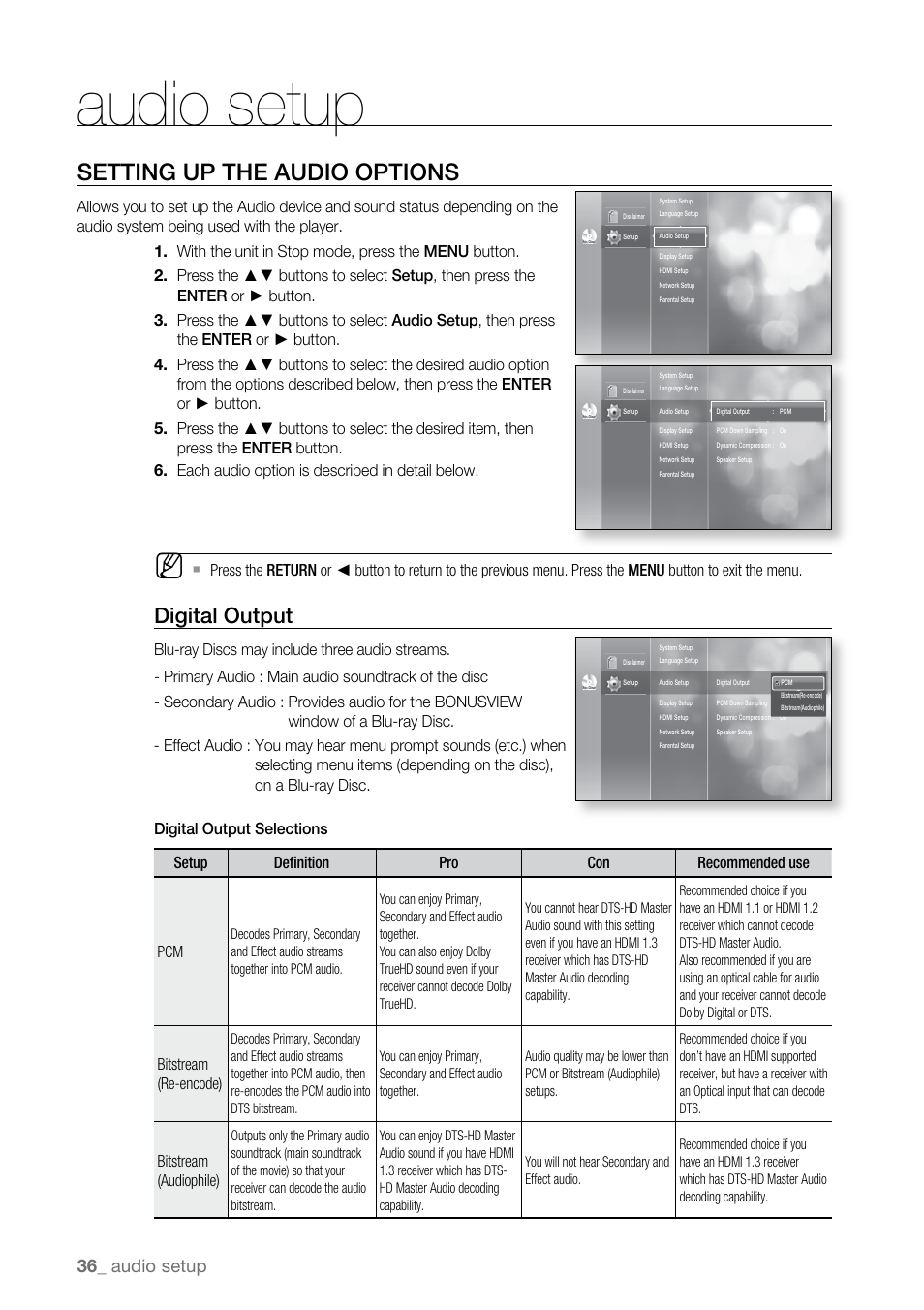 Audio setup, Setting up the audio options, Digital output | Bitstream (re-encode), Bitstream (audiophile) | Samsung BD-P2550 User Manual | Page 36 / 75