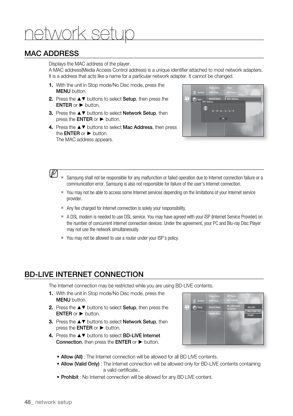 Mac address, Bd-live internet connection, Network setup | Samsung BD-P2550 User Manual | Page 48 / 75