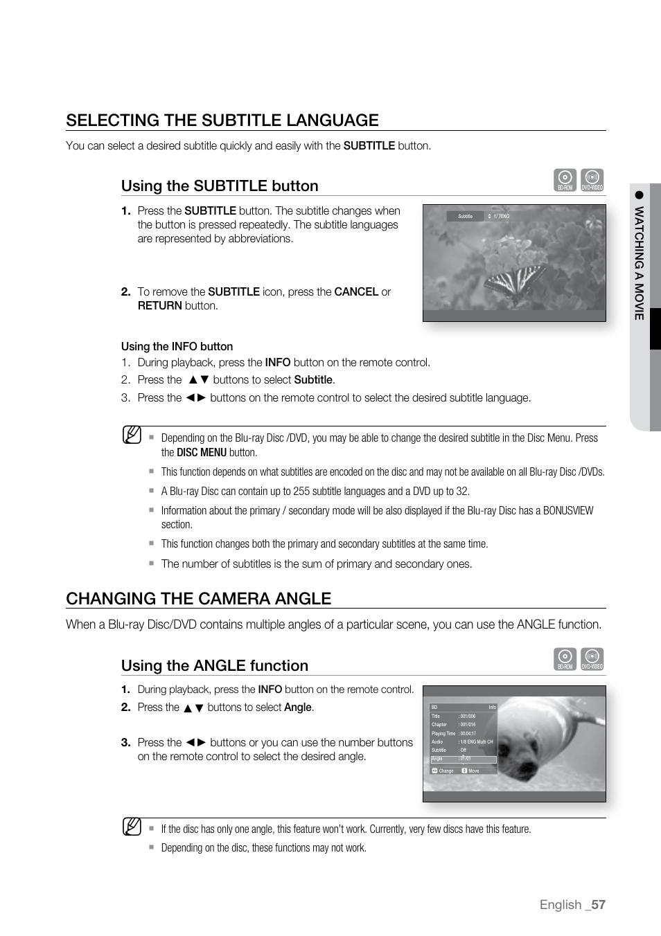 Selecting the subtitle language, Changing the camera angle, Using the subtitle button | Using the angle function | Samsung BD-P2550 User Manual | Page 57 / 75