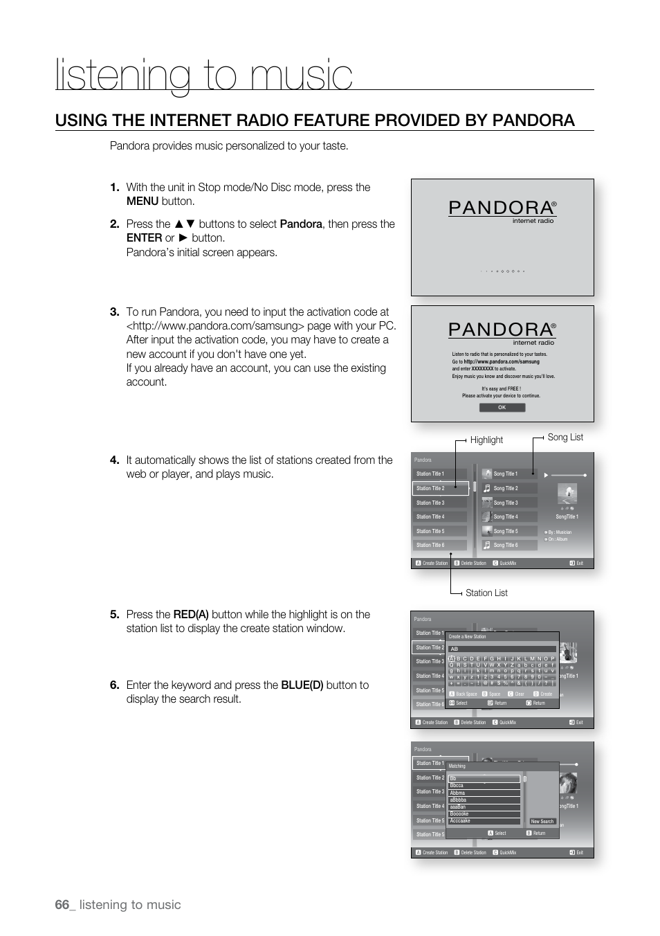 Pandora, Listening to music, Station list highlight | Song list | Samsung BD-P2550 User Manual | Page 66 / 75