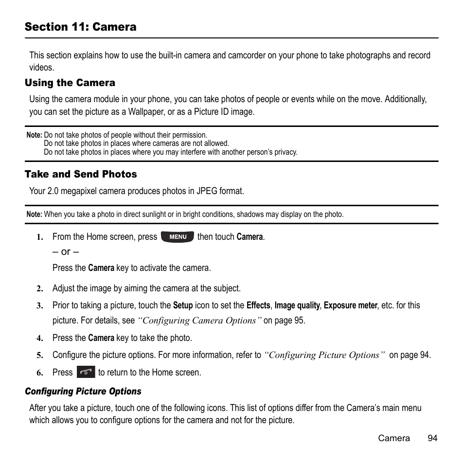 Section 11: camera, Using the camera, Take and send photos | Using the camera take and send photos | Samsung 07202010 User Manual | Page 101 / 154
