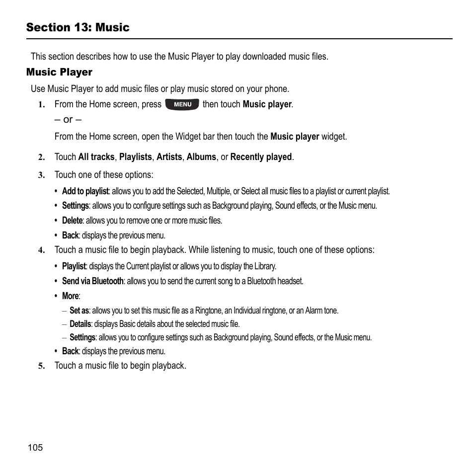 Section 13: music, Music player | Samsung 07202010 User Manual | Page 112 / 154
