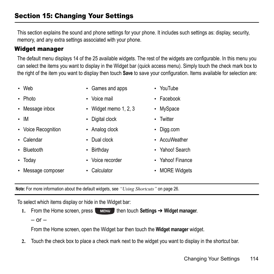 Section 15: changing your settings, Widget manager | Samsung 07202010 User Manual | Page 121 / 154