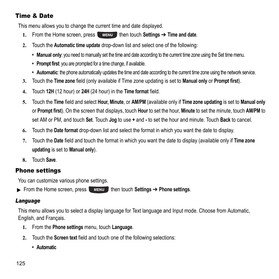 Time & date, Phone settings, Time & date phone settings | For more information | Samsung 07202010 User Manual | Page 132 / 154