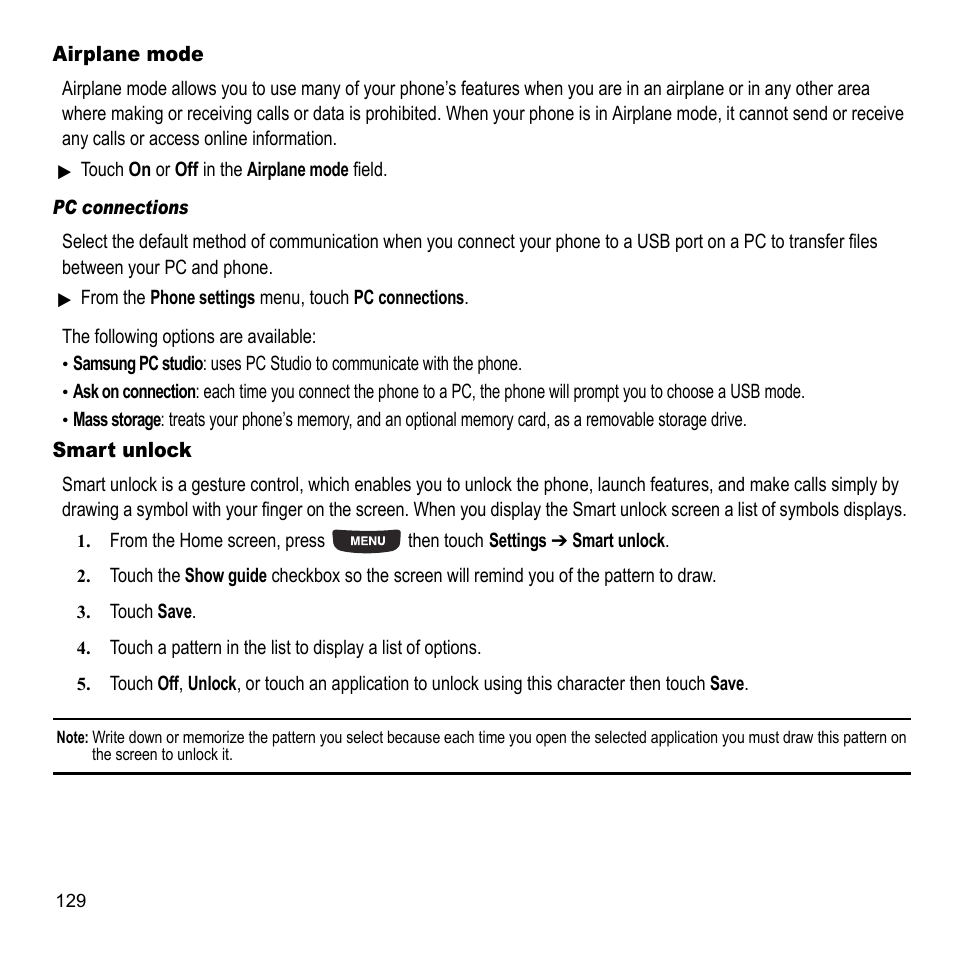 Airplane mode, Smart unlock, Airplane mode smart unlock | For more information, refer to “smart unlock | Samsung 07202010 User Manual | Page 136 / 154