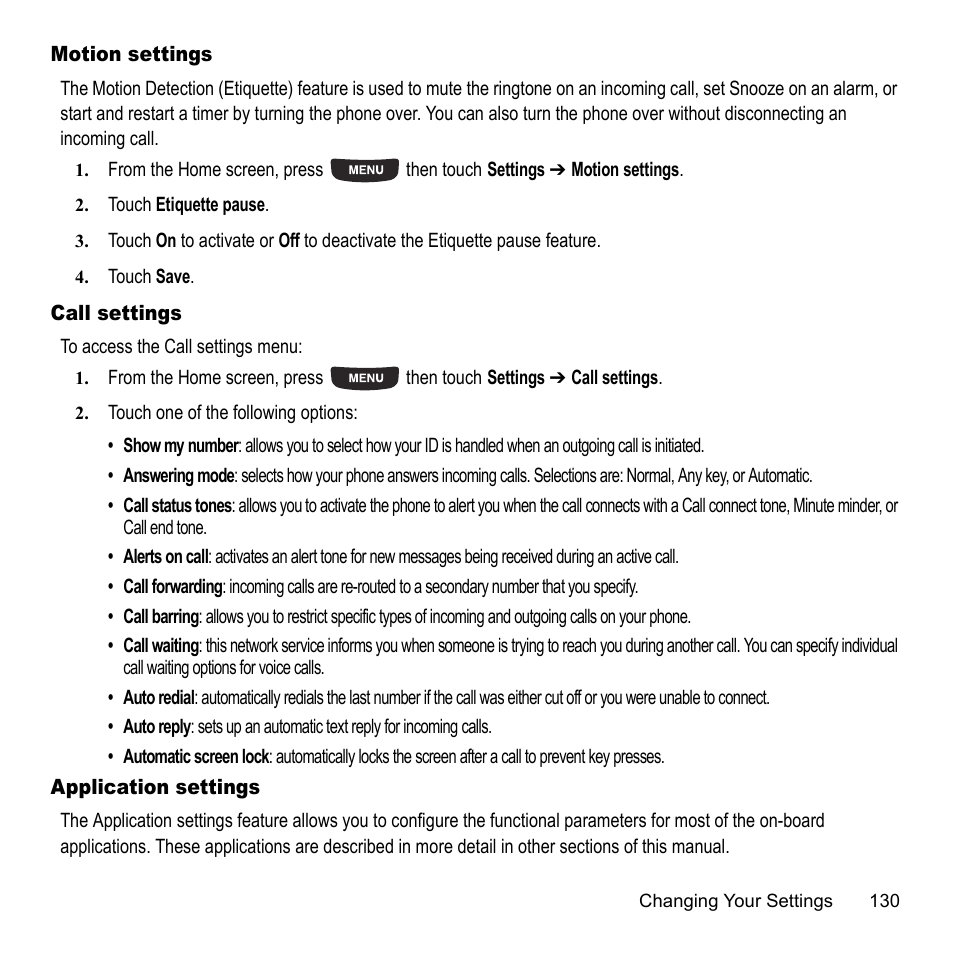 Motion settings, Call settings, Application settings | Motion settings call settings application settings | Samsung 07202010 User Manual | Page 137 / 154