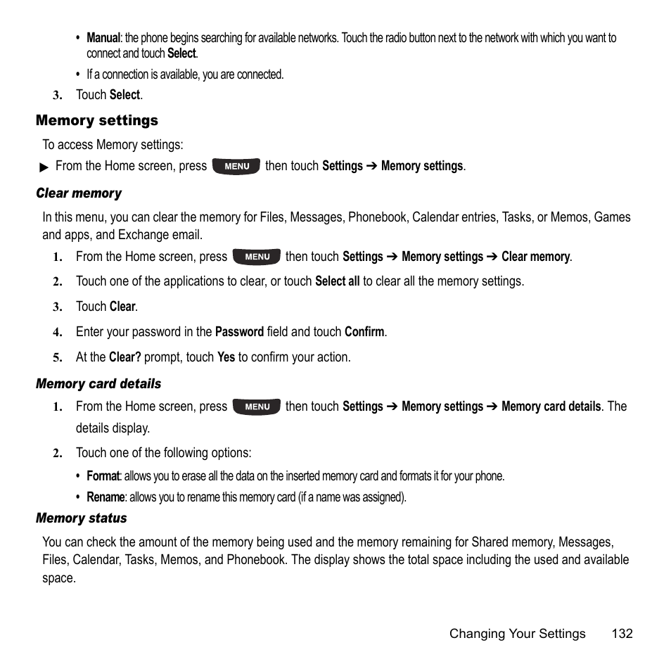 Memory settings, Memory set ings | Samsung 07202010 User Manual | Page 139 / 154
