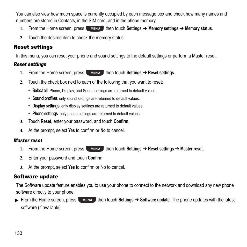 Reset settings, Software update, Reset settings software update | Samsung 07202010 User Manual | Page 140 / 154