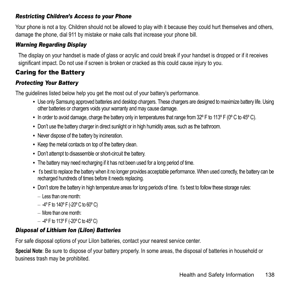Caring for the battery | Samsung 07202010 User Manual | Page 145 / 154
