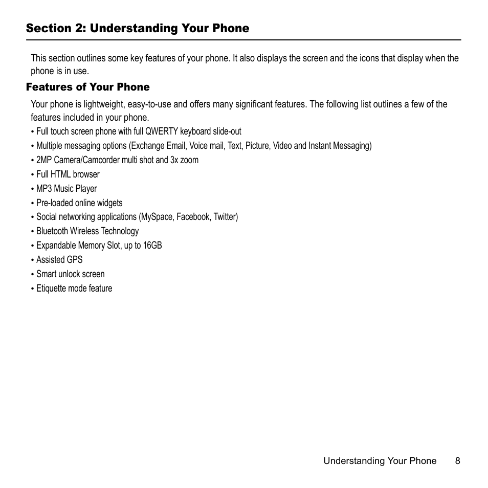 Section 2: understanding your phone, Features of your phone | Samsung 07202010 User Manual | Page 15 / 154